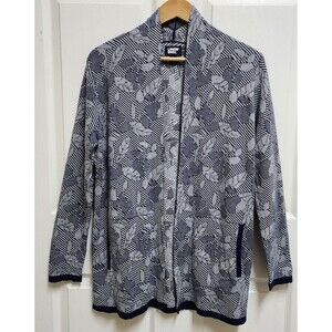Lands End Cardigan Sweater Women M Cotton Blue Leaf Striped Open Pockets Lng Slv